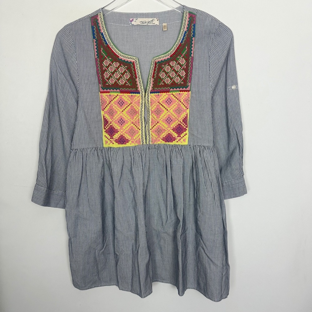 True Grit Embroidered Striped Boho Tunic XS